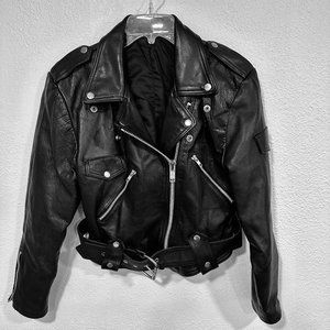 Vintage Black Leather Motorcycle Biker Crop Jacket Zipper Snaps Belted Women Med